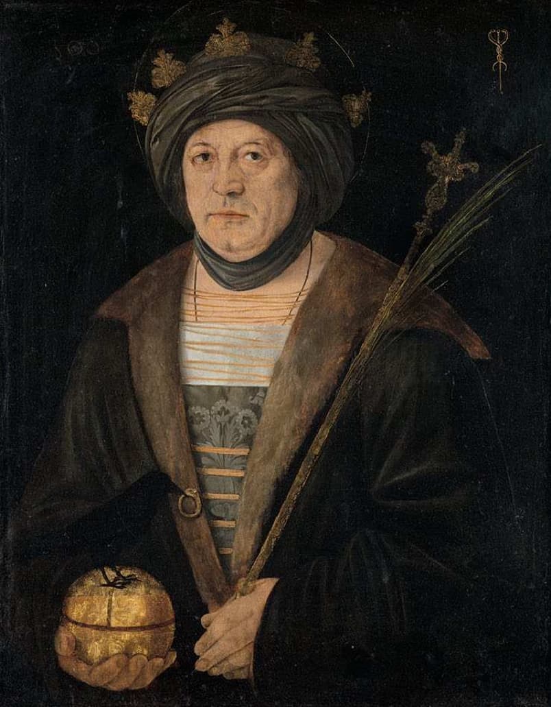 A painted portrait of Saint Oswald as a crowned Anglo-Saxon king, holding a martyr's palm and a covered vessel, attributed to Jacopo de' Barbari