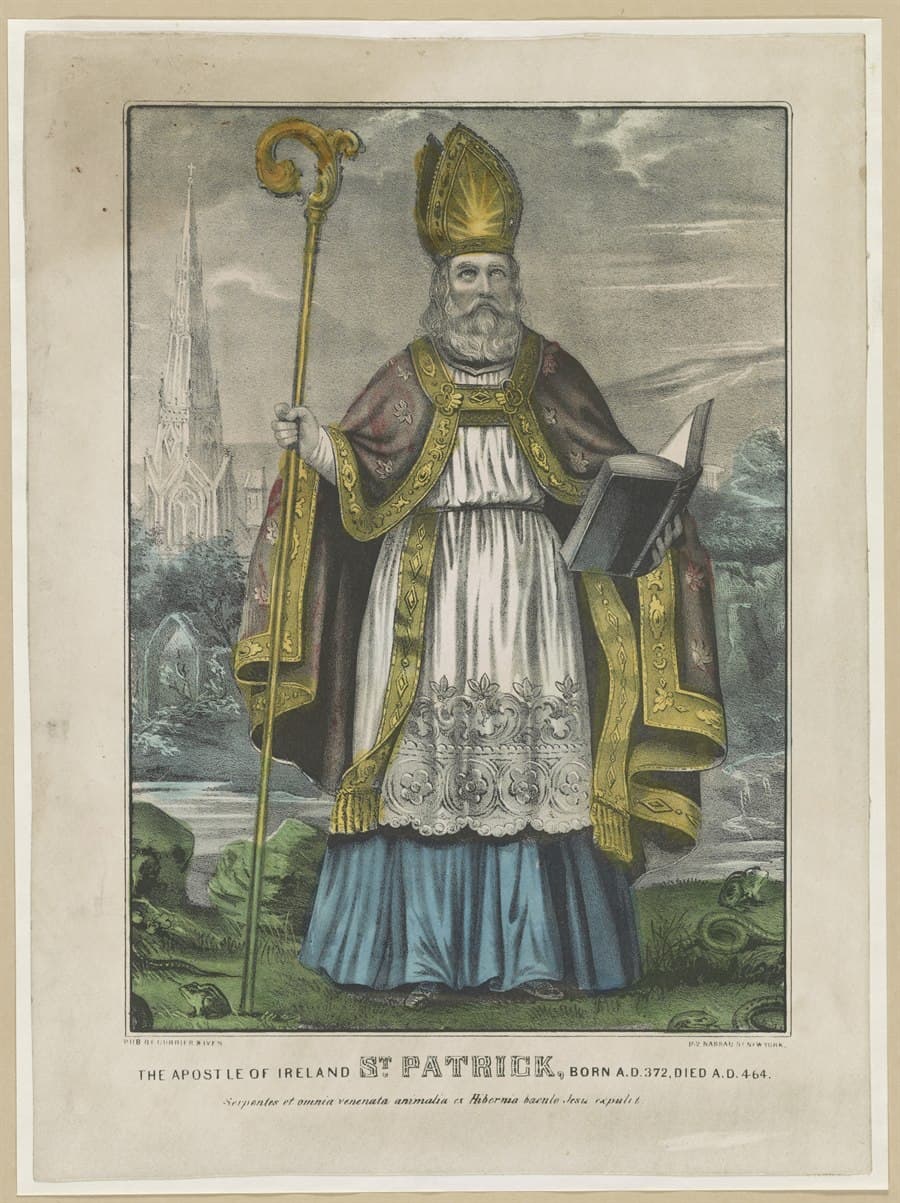 Saint Patrick as bishop with crozier, a nineteenth-century Currier and Ives lithograph
