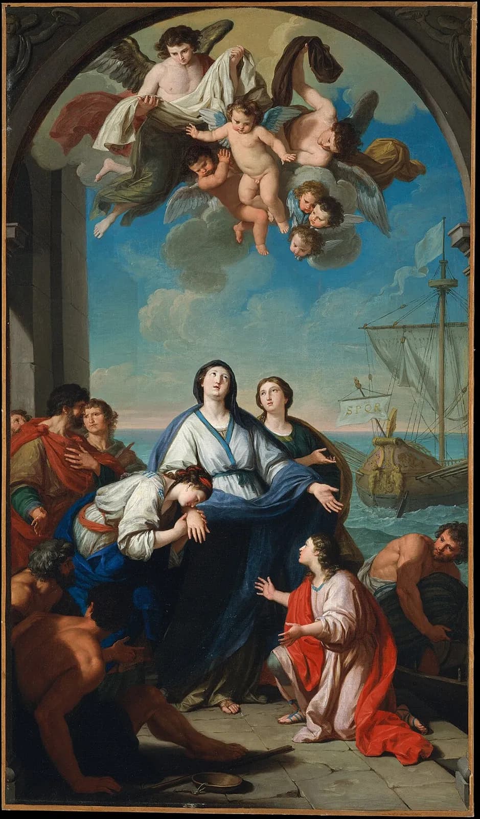 Painting of a woman in a white tunic and dark blue mantle standing on a stone quay and looking up to heaven, while a young woman weeps over her hand, a boy in a red cloak kneels pleading before her, a ship waits under sail and angels hold out a veil above