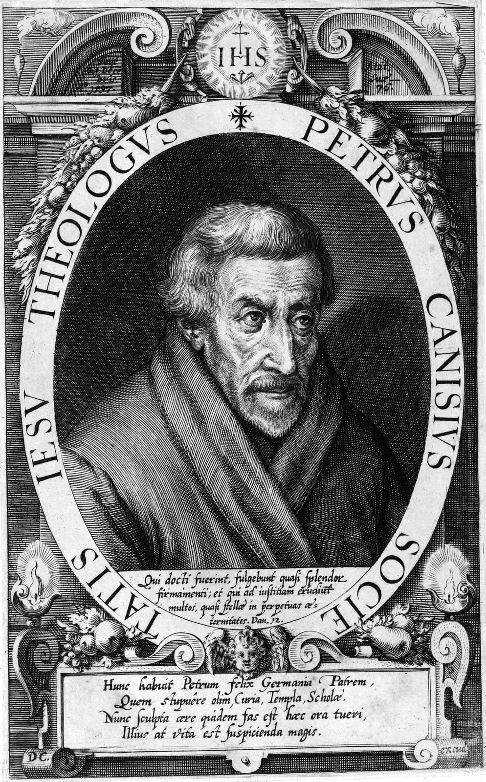 Dominicus Custos's engraved oval portrait of Peter Canisius, bearded and in a Jesuit gown, within a frame lettered with his name