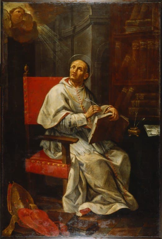 Andrea Barbiani's painting of Saint Peter Damian seated at a writing desk in a study, quill in hand, his cardinal's hat on the floor beside him
