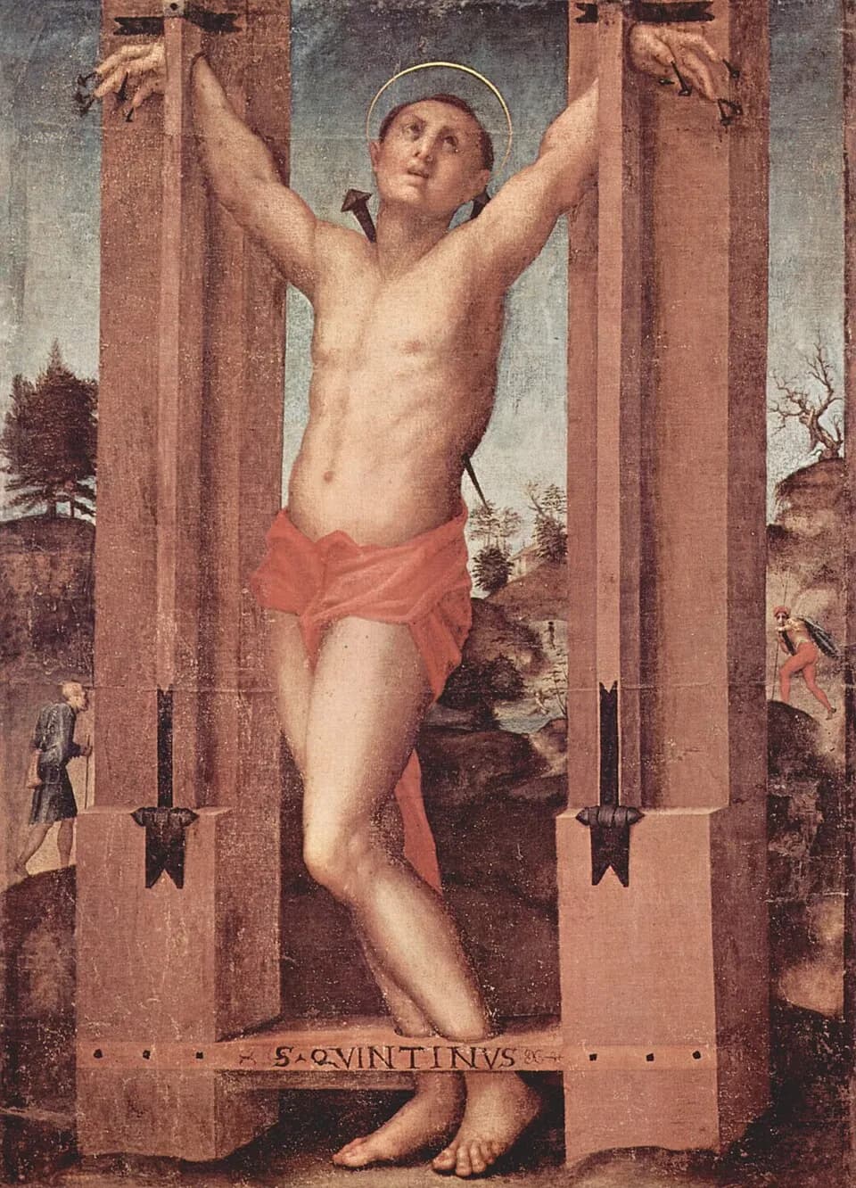 Sixteenth-century painting of a young man with a halo, stripped to a red loincloth, standing with his arms raised and fastened between two tall wooden posts, his eyes turned upward, long nails driven through his shoulders and fingers, with the name S. Quintinus lettered on the board at his feet