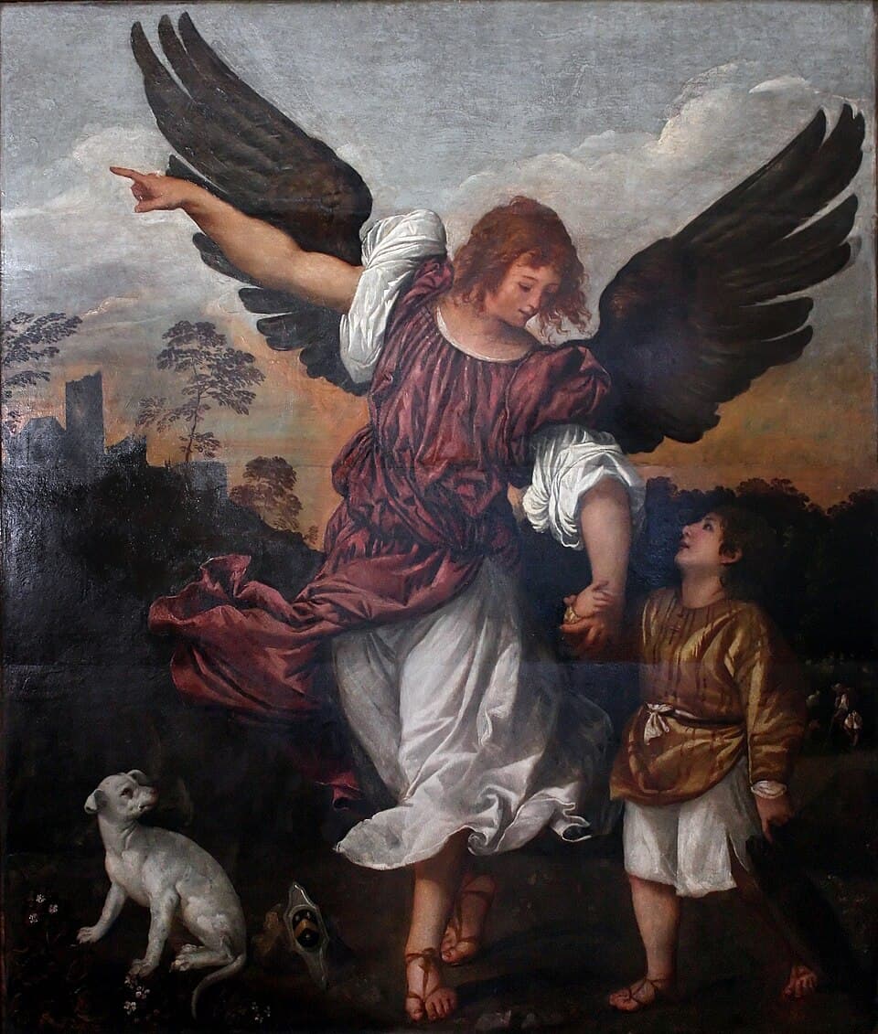 The Archangel Raphael, in a red robe with great dark wings, leading the boy Tobias by the hand while a small white dog sits at their feet, painted by Titian