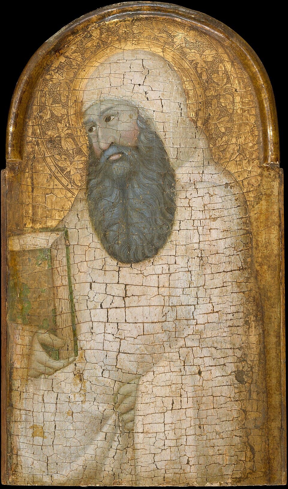 A gold-ground panel, its surface finely cracked with age, showing Saint Romuald as a white-bearded old man in the white habit of a Camaldolese hermit, holding a green book