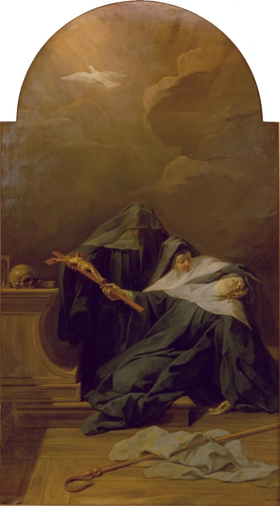 A dying nun slumps against a kneeling sister who holds out a crucifix, while a white dove rises into the clouds above them