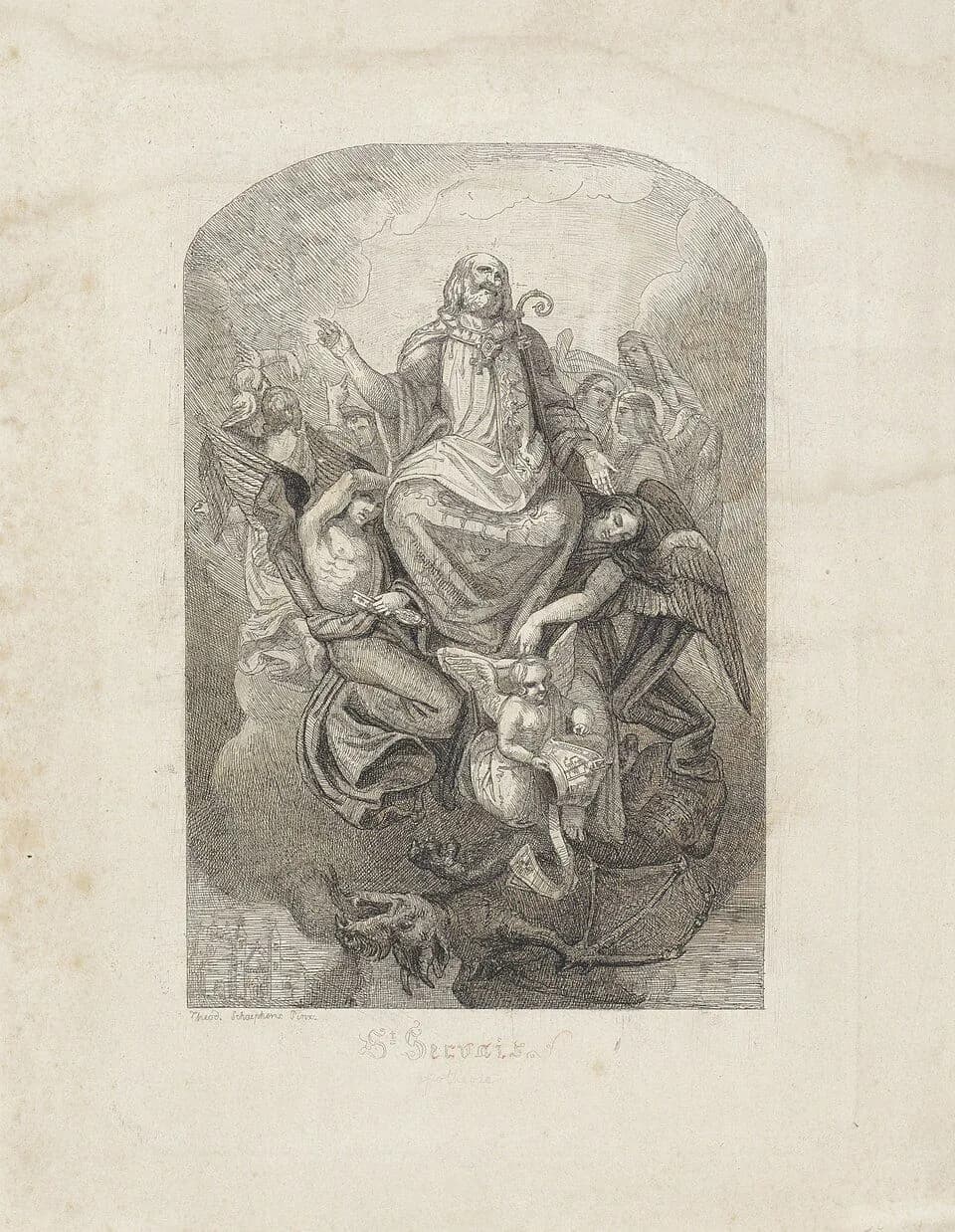 Nineteenth-century etching of an elderly bearded bishop in cope and pallium, holding a crozier and raising one hand, borne upward on clouds by angels; one angel holds a key, a small angel carries a book, and a dragon lies beneath them, with a church at lower left