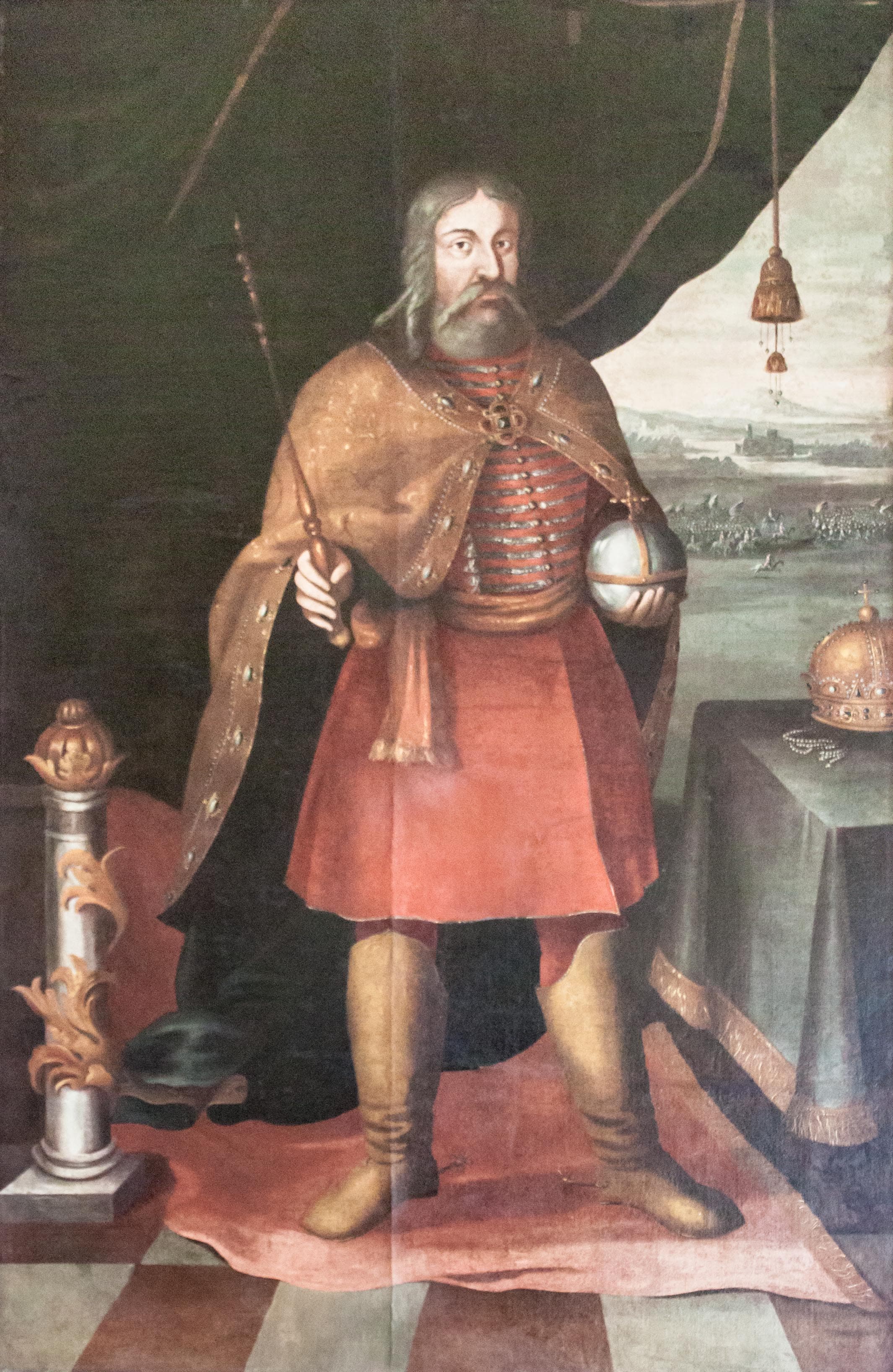 A seventeenth-century painting of Stephen of Hungary crowned and robed as king, holding an orb and a staff, a sword at his side
