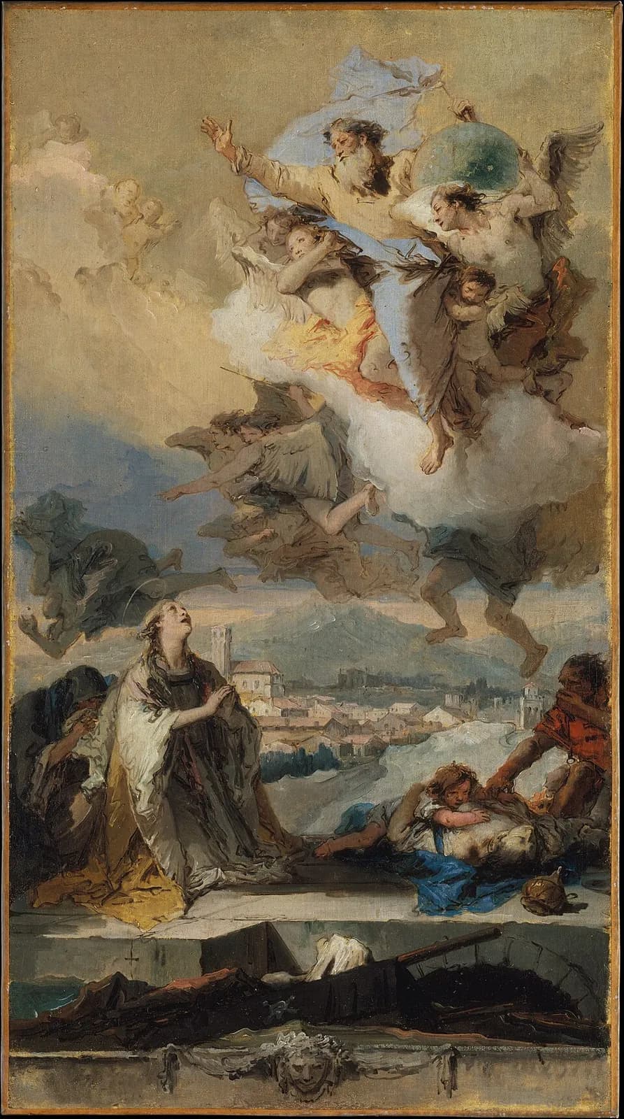 Oil sketch of a young woman with a faint halo kneeling in prayer on a stone terrace and looking up to God the Father, who appears among angels in the clouds, while a dark figure flees through the air and a child clings to a dead mother in the foreground before a distant town