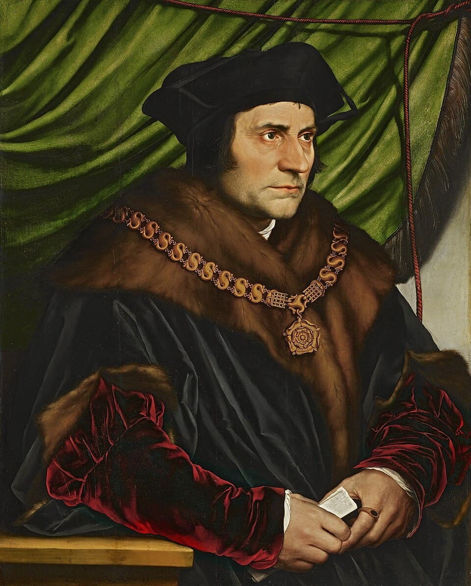 Sir Thomas More in a black cap and fur-collared gown with red velvet sleeves, wearing the gold SS collar of office with a Tudor rose, painted by Hans Holbein the Younger