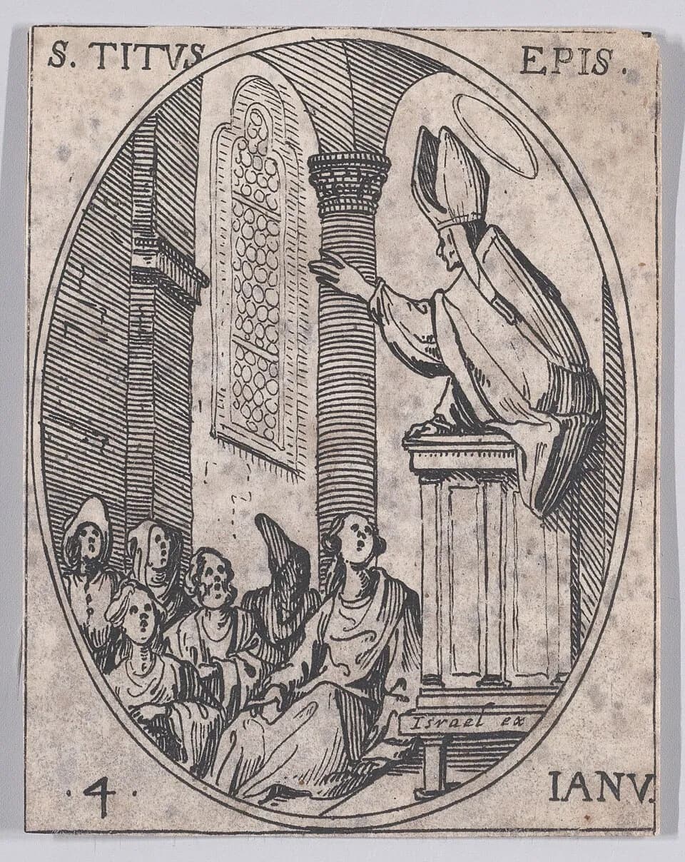 A small seventeenth-century etching in an oval frame showing a bishop in a miter and cope, with a halo, leaning from a pulpit to preach to a group of people seated below a church window, lettered S. TITVS EPIS. at the top