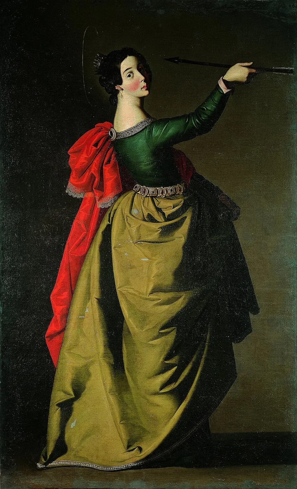 Full-length painting of a young woman with a small crown and a thin halo, in a green bodice, olive silk skirt and red mantle, turning to look over her shoulder while holding out a long dark arrow