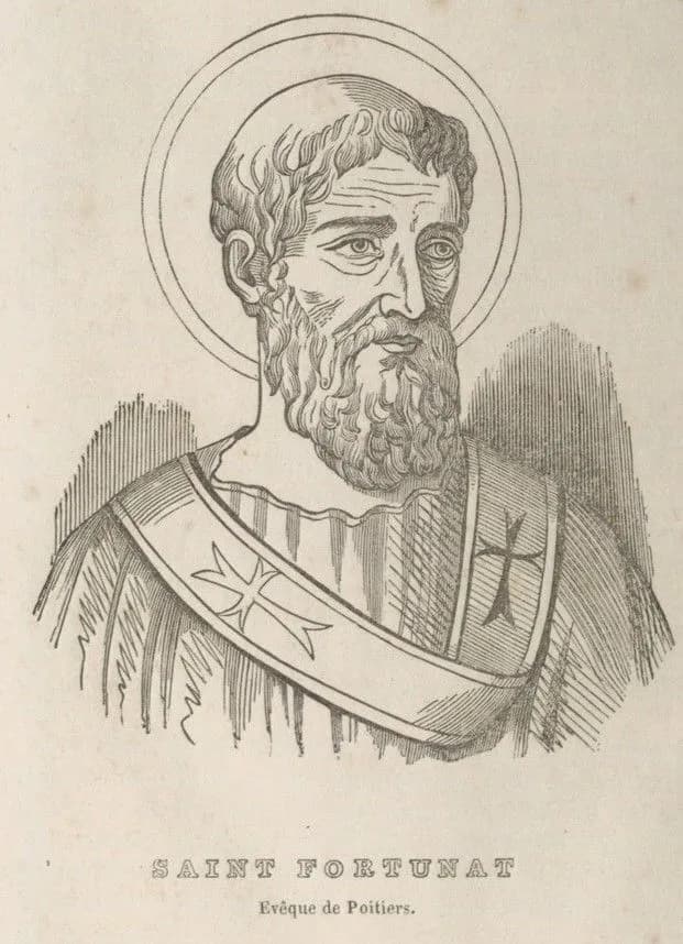 Nineteenth-century wood engraving of the head and shoulders of a bearded bishop with curly hair and a halo, wearing a pallium marked with crosses, captioned Saint Fortunat, Évêque de Poitiers