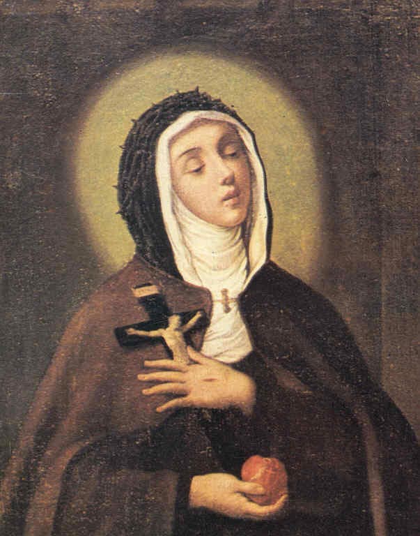 A painting of Veronica Giuliani as a Capuchin Poor Clare in a brown habit and white veil, a crown of thorns above her head, holding a cross to her breast
