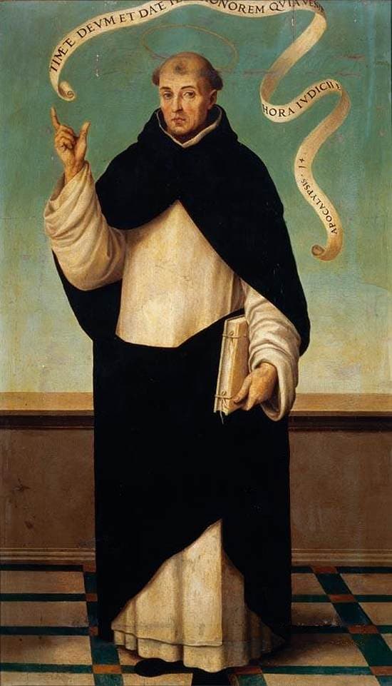 A painted panel of Vincent Ferrer in the black and white Dominican habit, winged as the Angel of the Judgment, holding an open book and raising one hand