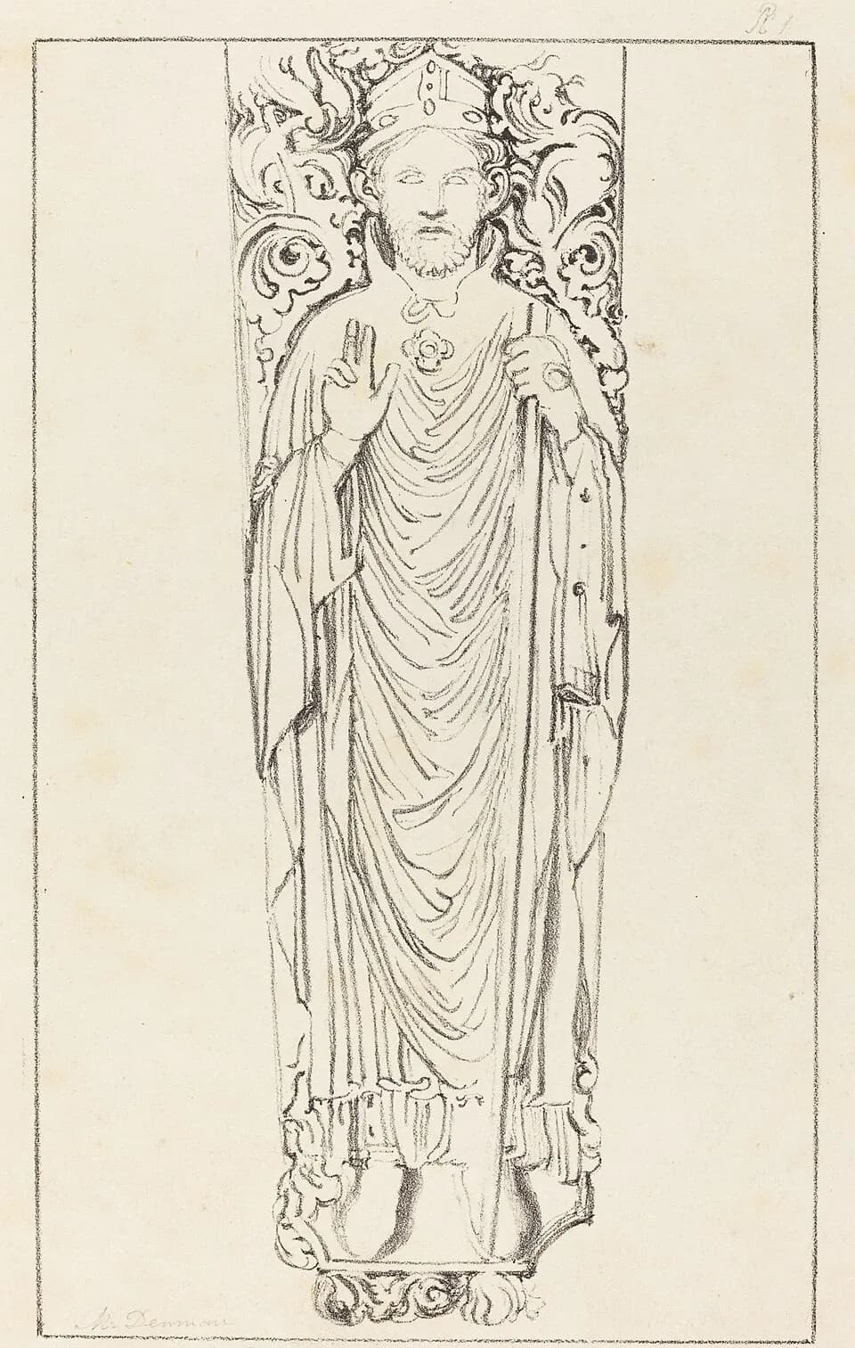 Nineteenth-century line lithograph of a carved medieval effigy of a bearded bishop in a miter and long folded vestments, his right hand raised in blessing and a staff in his left, with curling foliage carved around his head