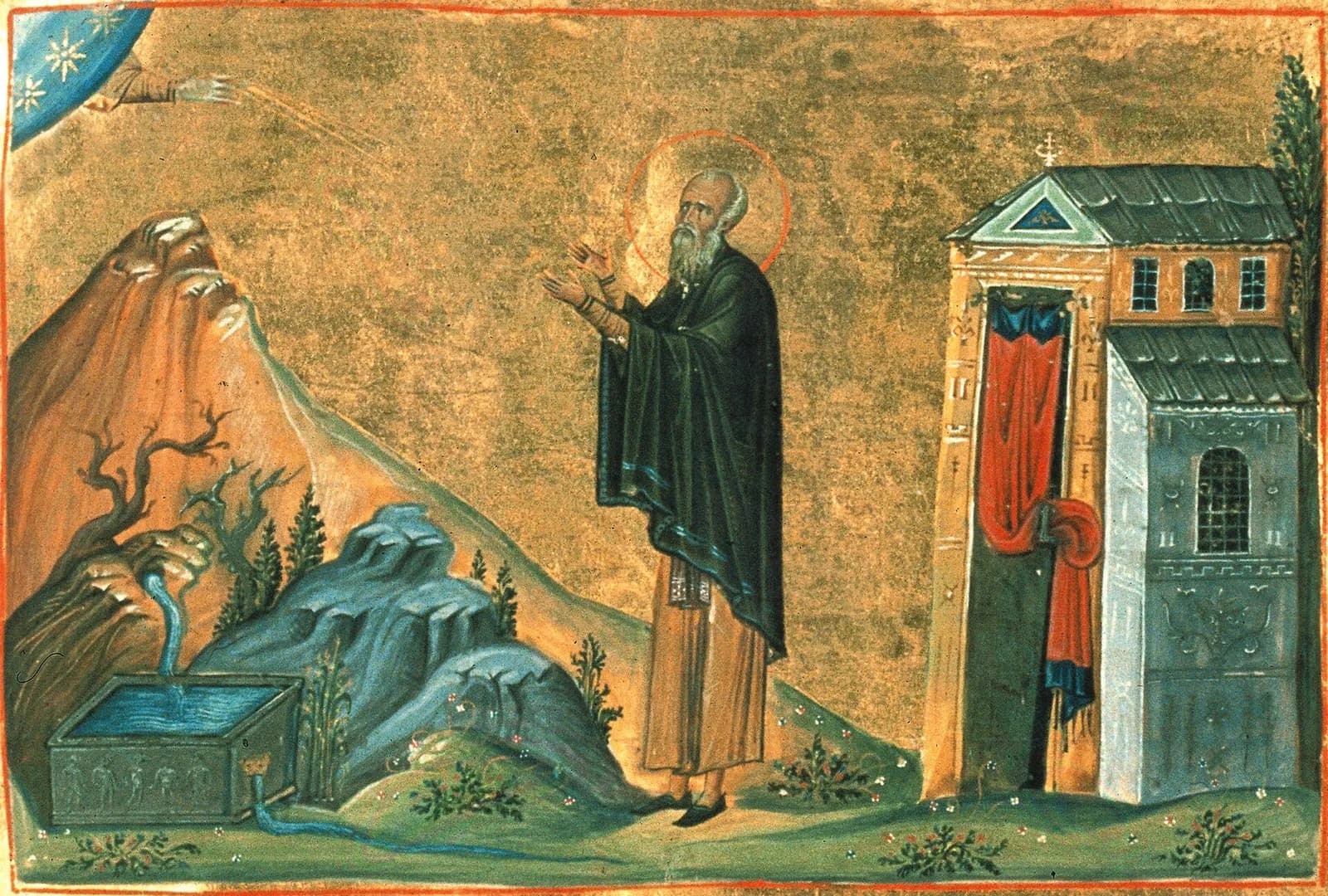 Byzantine manuscript miniature on a gold ground: a gray-bearded, haloed monk in a dark mantle stands with both hands raised toward a hand reaching down from a starry blue segment of sky at upper left; rocky hills and a spring pouring into a carved stone basin at left, and a church with a red curtain in its doorway at right