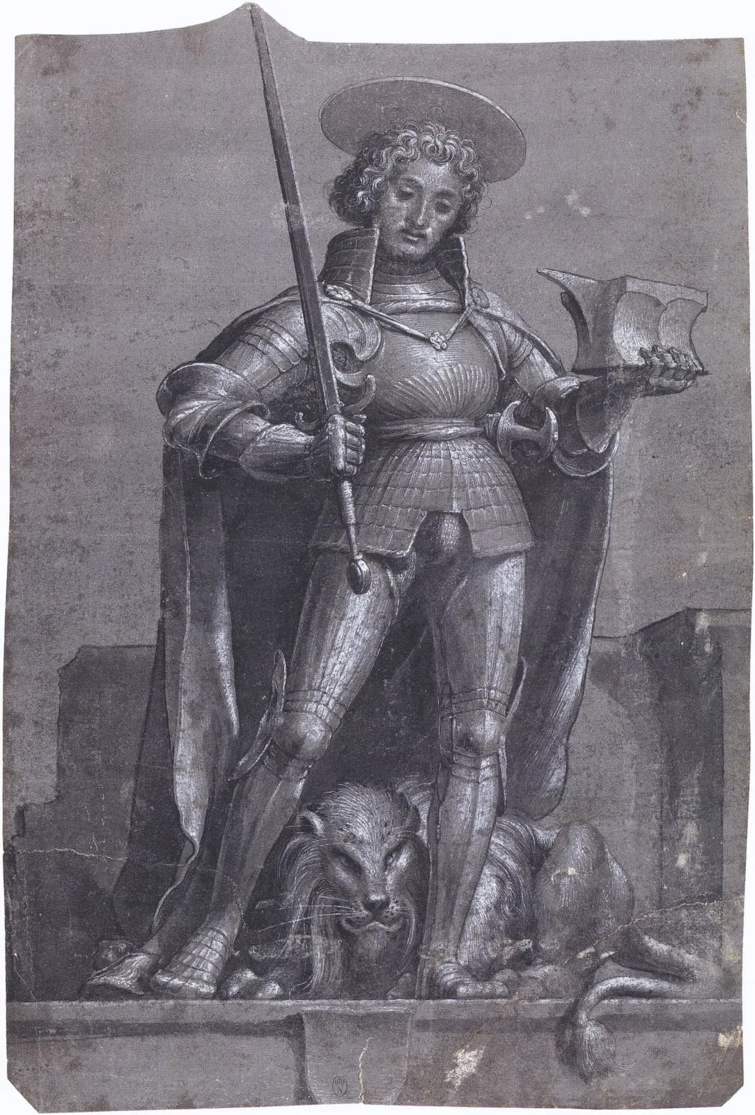 Dibujo del siglo XVI sobre fondo gris realzado con blanco: un joven nimbado de cabello rizado, con armadura completa y un largo manto, sostiene una espada alta en una mano y un yunque en la otra, de pie sobre una repisa con un león tendido a sus pies