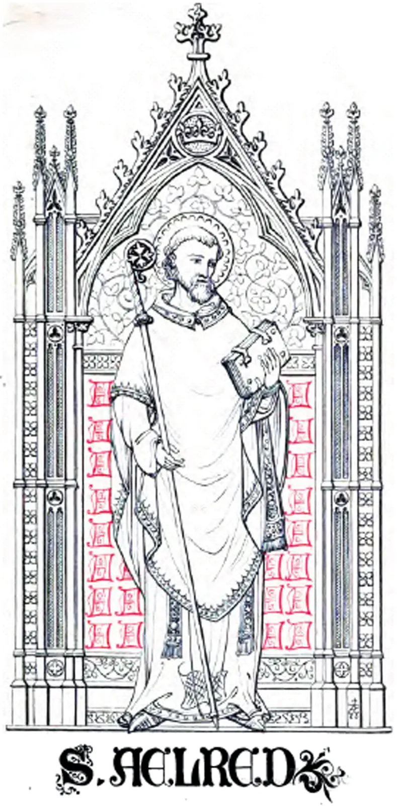 Line engraving of Saint Aelred as a bearded abbot with a halo, holding a crozier and a closed book, standing under a Gothic canopy with the words S. AELRED beneath