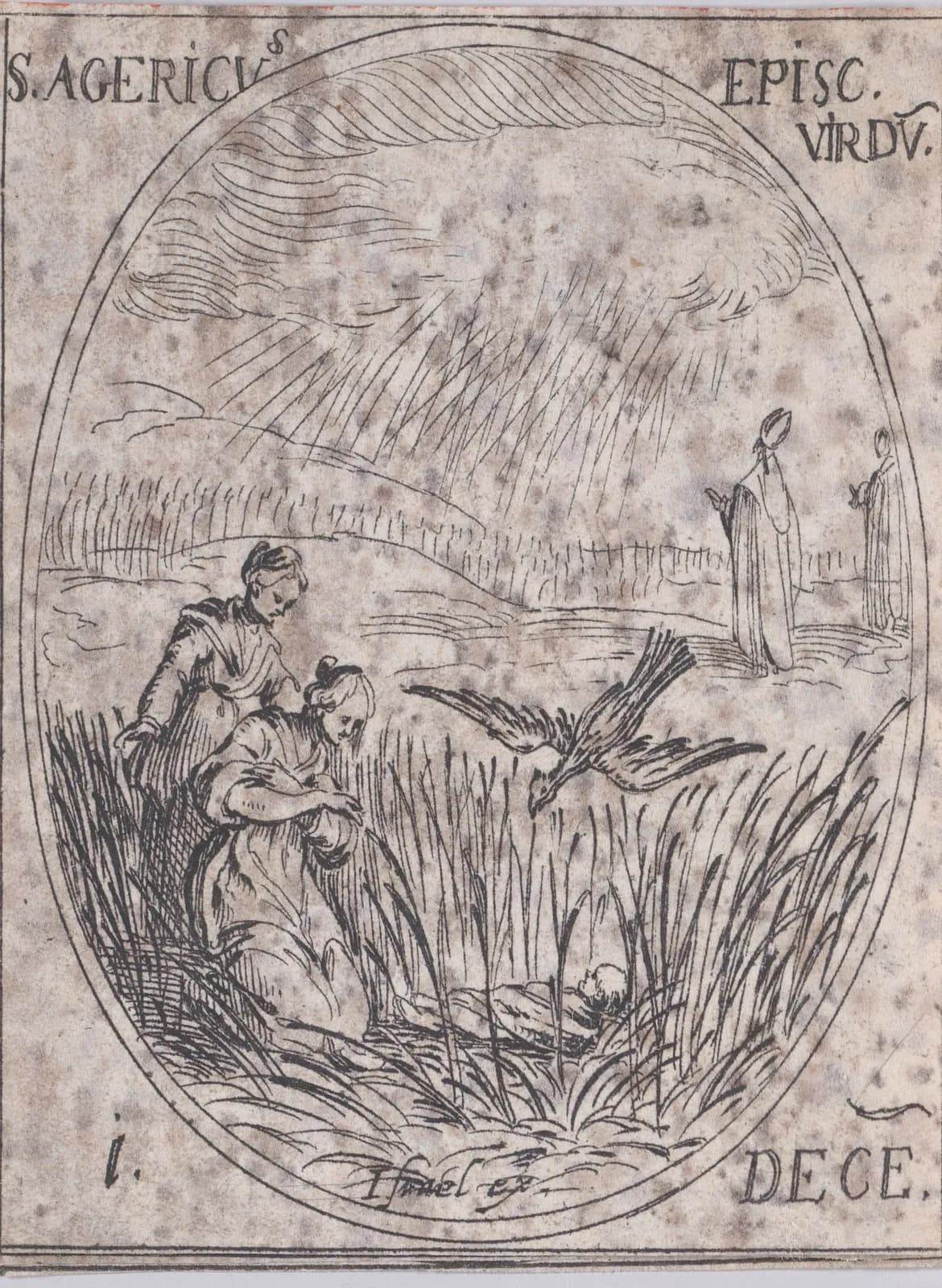 Pequeño aguafuerte del siglo XVII en un marco oval: dos mujeres inclinadas sobre un niño recién nacido tendido en un campo de mies alta mientras un pájaro desciende hacia él, con un obispo y otra figura de pie a lo lejos bajo rayos de luz, con la inscripción S. Agericus Episc. Virdu. y 1 Dece.