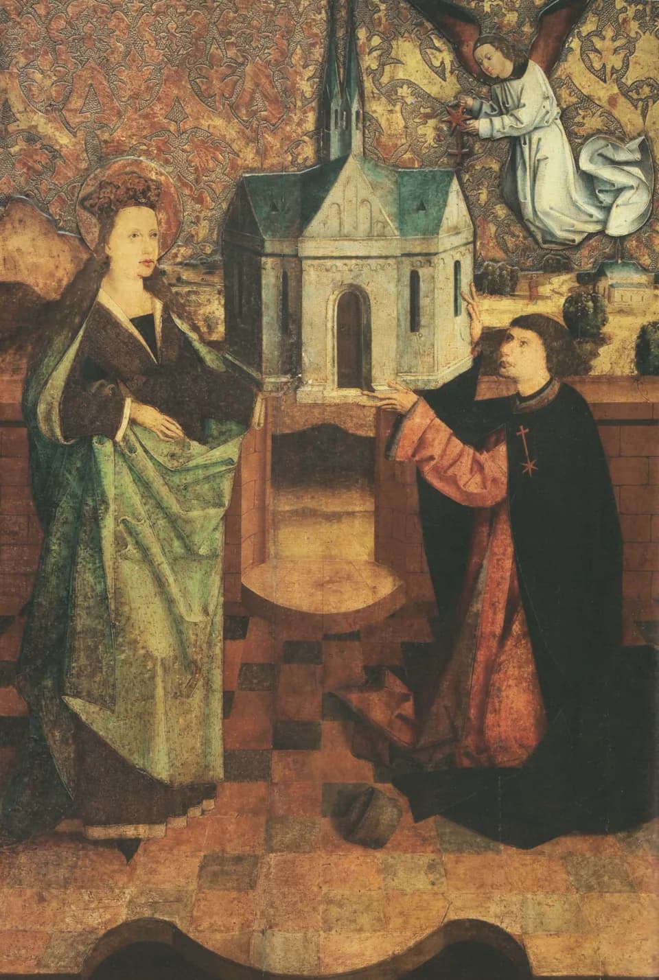 Late Gothic panel painting: Saint Agnes, haloed and crowned, in a green mantle, hands a model of a church to a kneeling man in a dark cloak marked with a red star, while an angel above holds out a red star