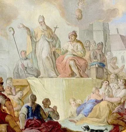 Detail of a Baroque ceiling fresco: a white-bearded bishop in miter and gold cope stands with his arm raised, preaching, beside a seated king in a red cloak, while a crowd of men, women and children listens below