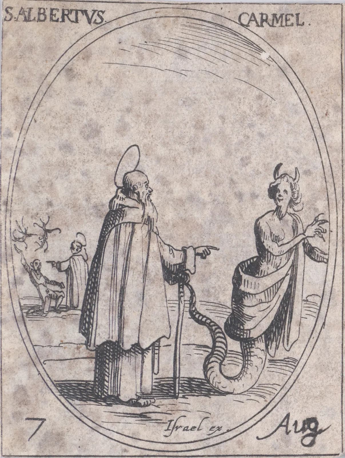 Pequeño aguafuerte del siglo XVII en un marco oval: un fraile barbado con aureola y bastón señala a un demonio con cuernos, cabeza y hombros desnudos de mujer y cola de serpiente, mientras al fondo otro fraile señala a una figura arrodillada de la que sale volando un demonio alado, con la inscripción S. Albertus Carmel. y 7 Aug.