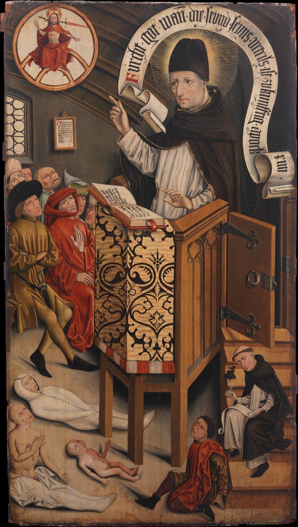 A painted panel of Saint Albert preaching from a wooden pulpit in the white tunic and black cappa of a Dominican, a crowd listening below and a friar taking down his words