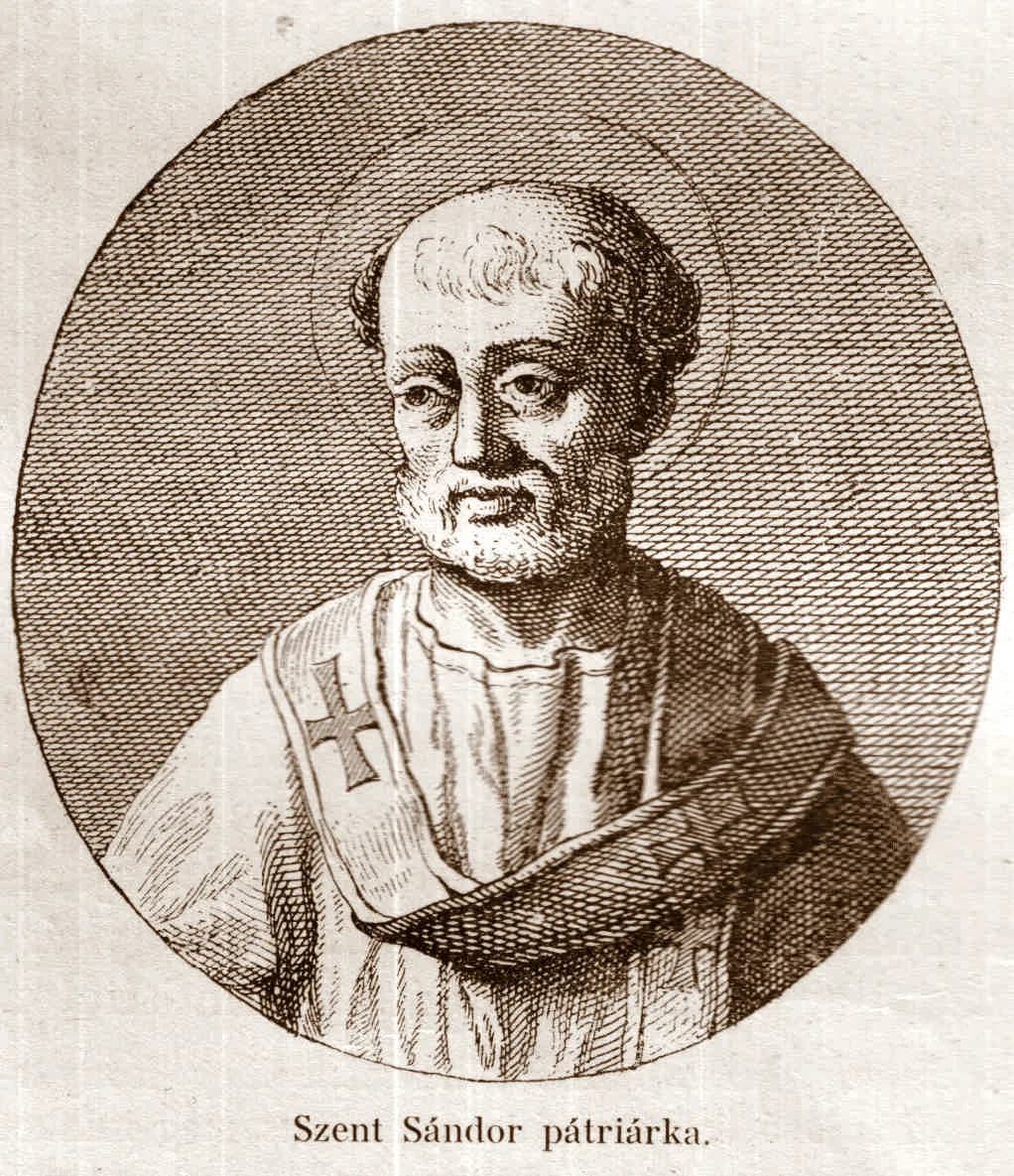 Grabado del siglo XIX en un marco ovalado con un obispo anciano y barbado, con un nimbo tenue y una vestidura marcada con una cruz en el hombro, con la leyenda en húngaro Szent Sándor pátriárka