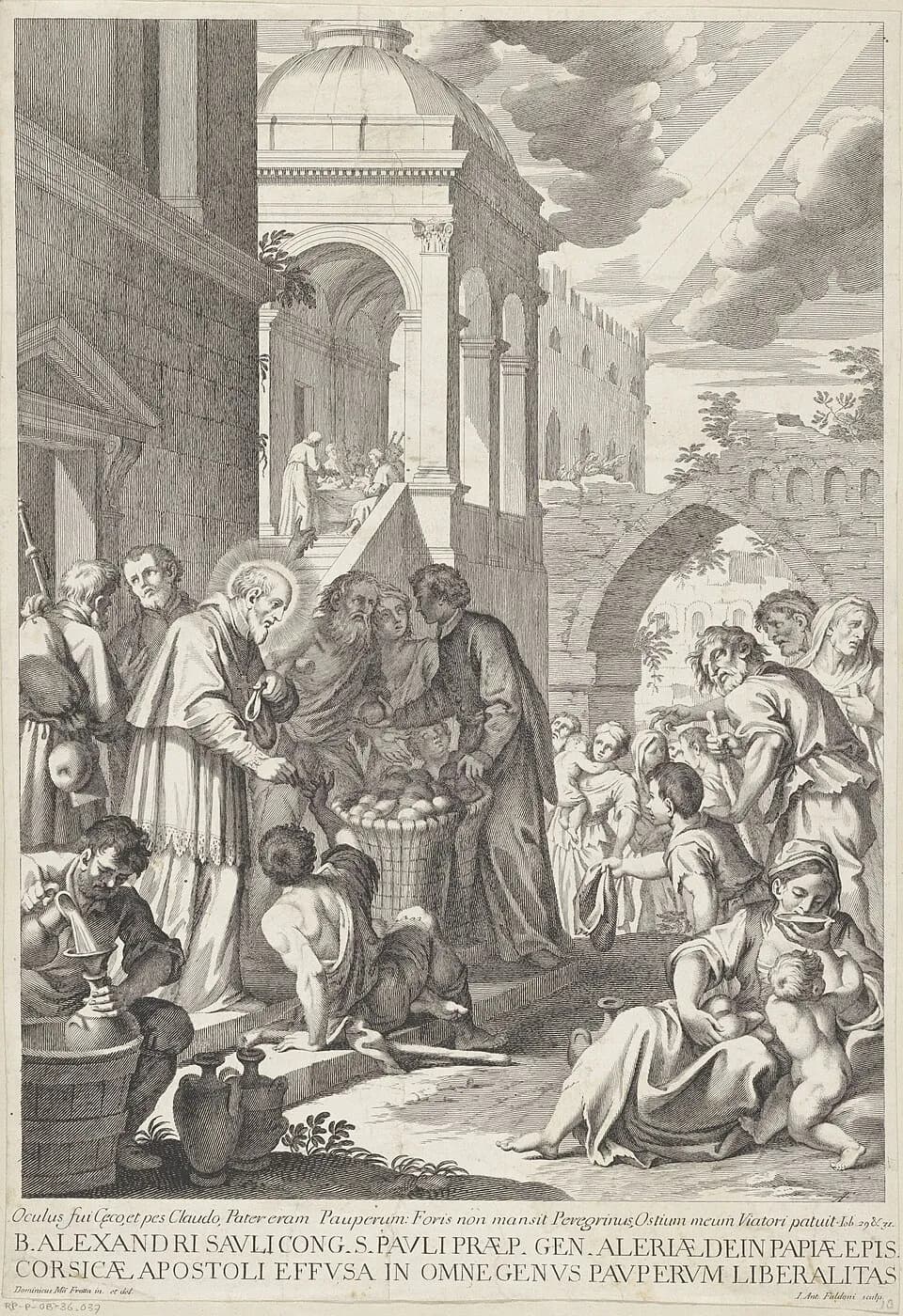 Engraving of a haloed bishop in rochet and cape handing out loaves from a large basket to poor men, women and children in a street below an arcaded building, with a Latin caption naming Blessed Alexander Sauli