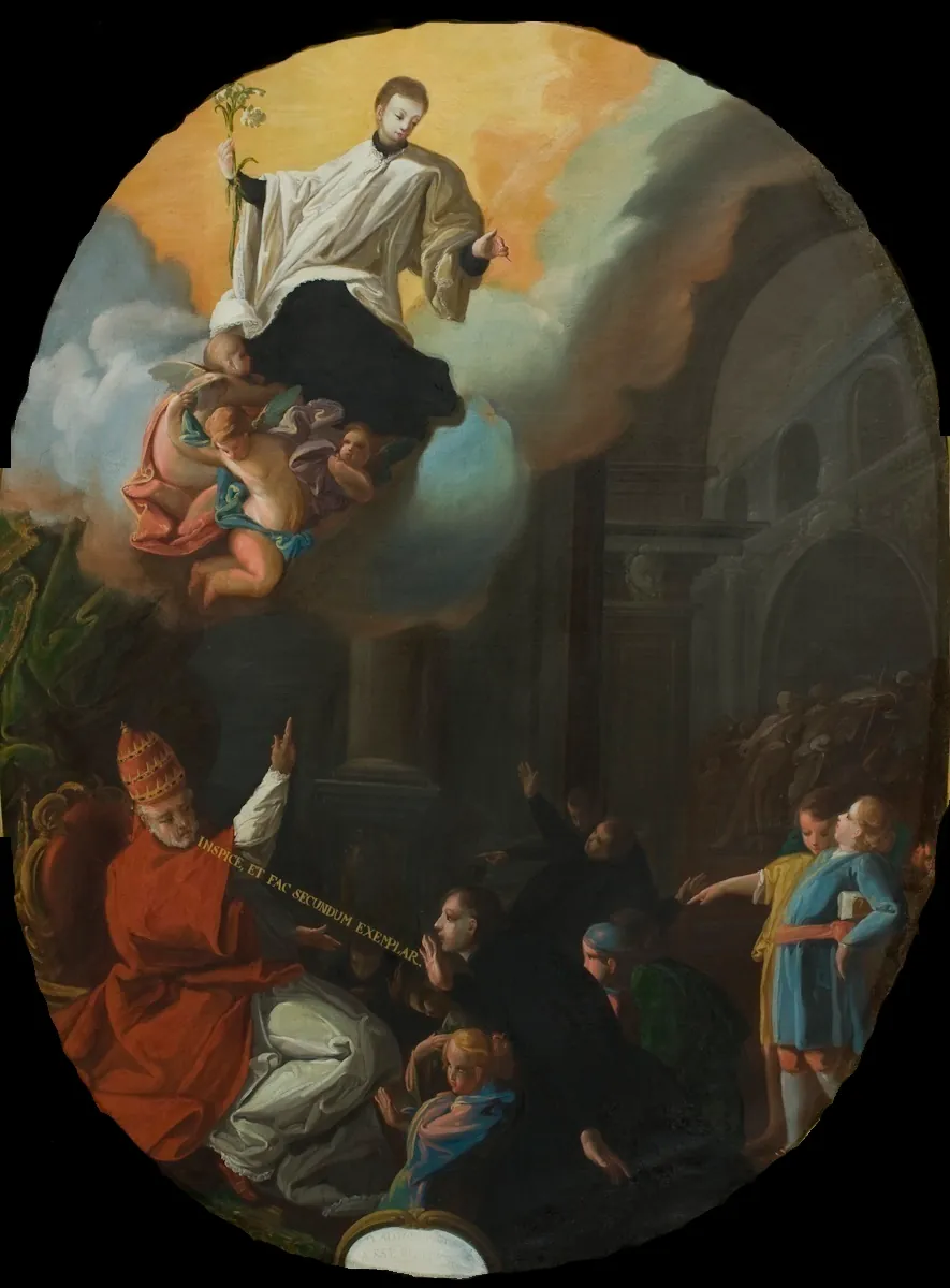 Una pintura de San Luis Gonzaga con sobrepelliz blanca sobre sotana negra, que sostiene un lirio y es elevado sobre las nubes por encima de un papa y una multitud de jóvenes