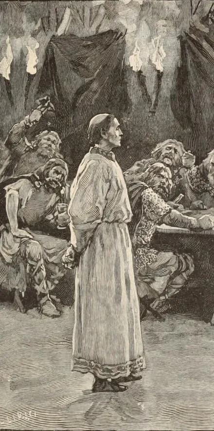 Engraving, cropped from a wider banquet scene, of a tonsured man in a long plain robe standing with his hands bound behind his back before bearded warriors seated at a torch-lit table, one of them raising a clenched fist