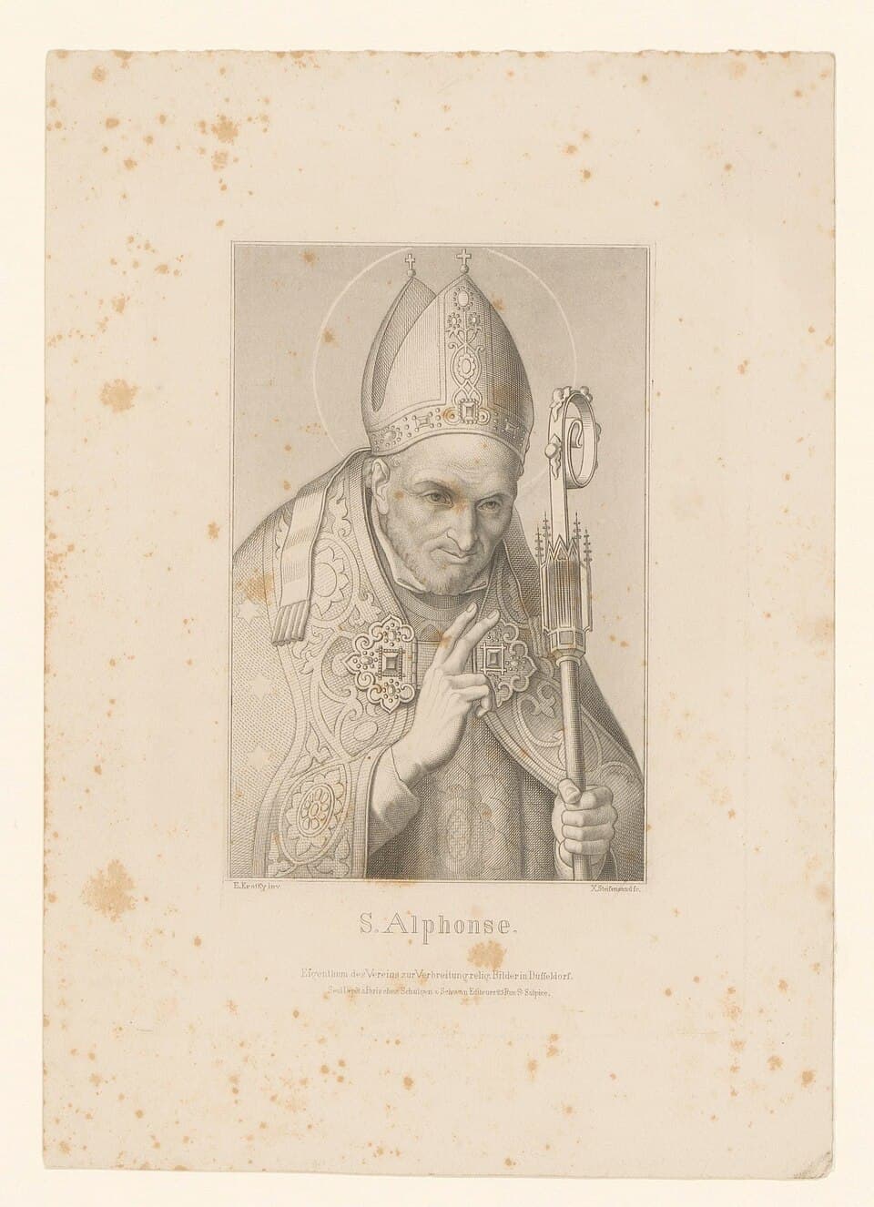 An engraved portrait of Saint Alphonsus Liguori as a bishop in a mitre and embroidered cope, raising his hand in blessing and holding a crozier