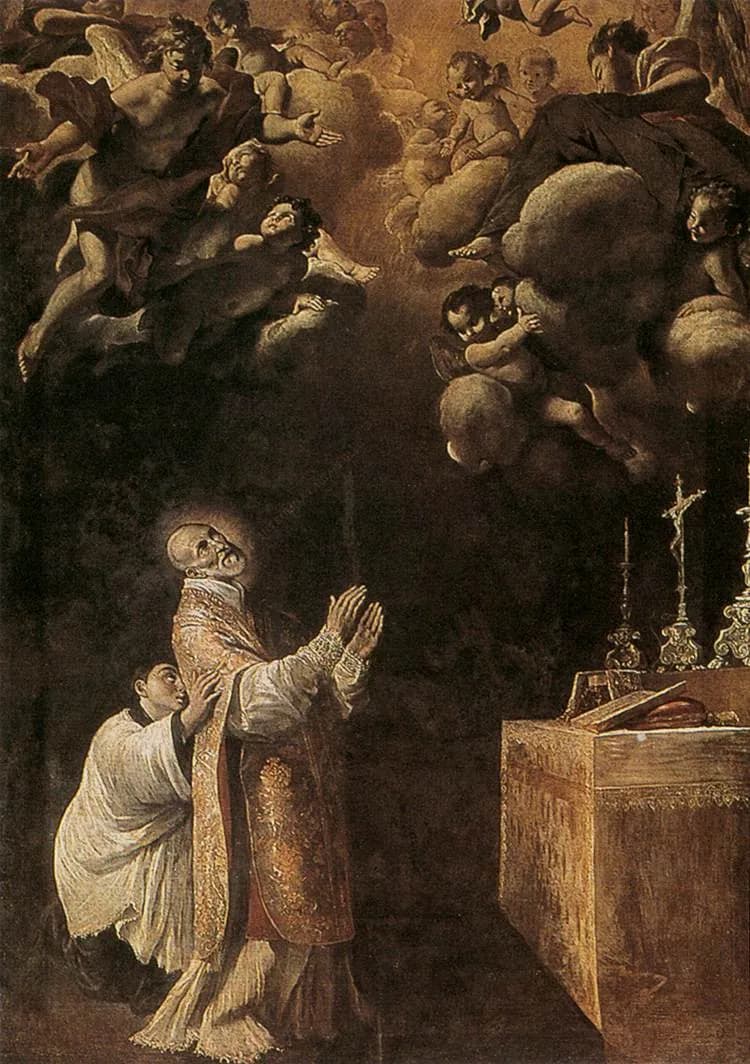 Painting of an elderly bald priest in gold Mass vestments at the foot of an altar, gazing upward with his hands raised toward angels in the clouds, while a young server in a white surplice holds him up from behind