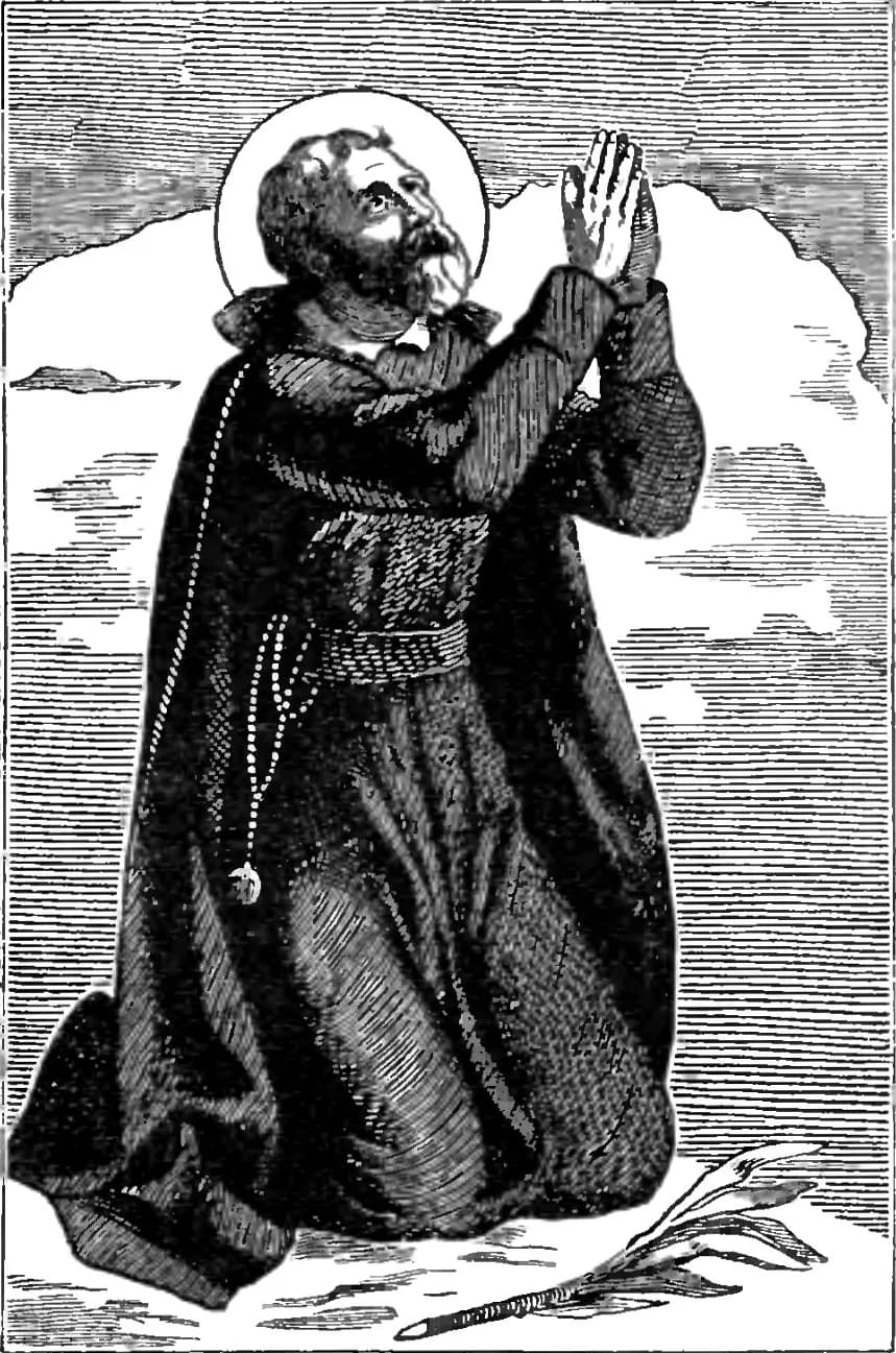 A black-and-white woodcut of a bearded Jesuit with a halo, kneeling on clouds with his hands joined and his eyes raised, a rosary hanging from his belt and a martyr's palm on the ground before him