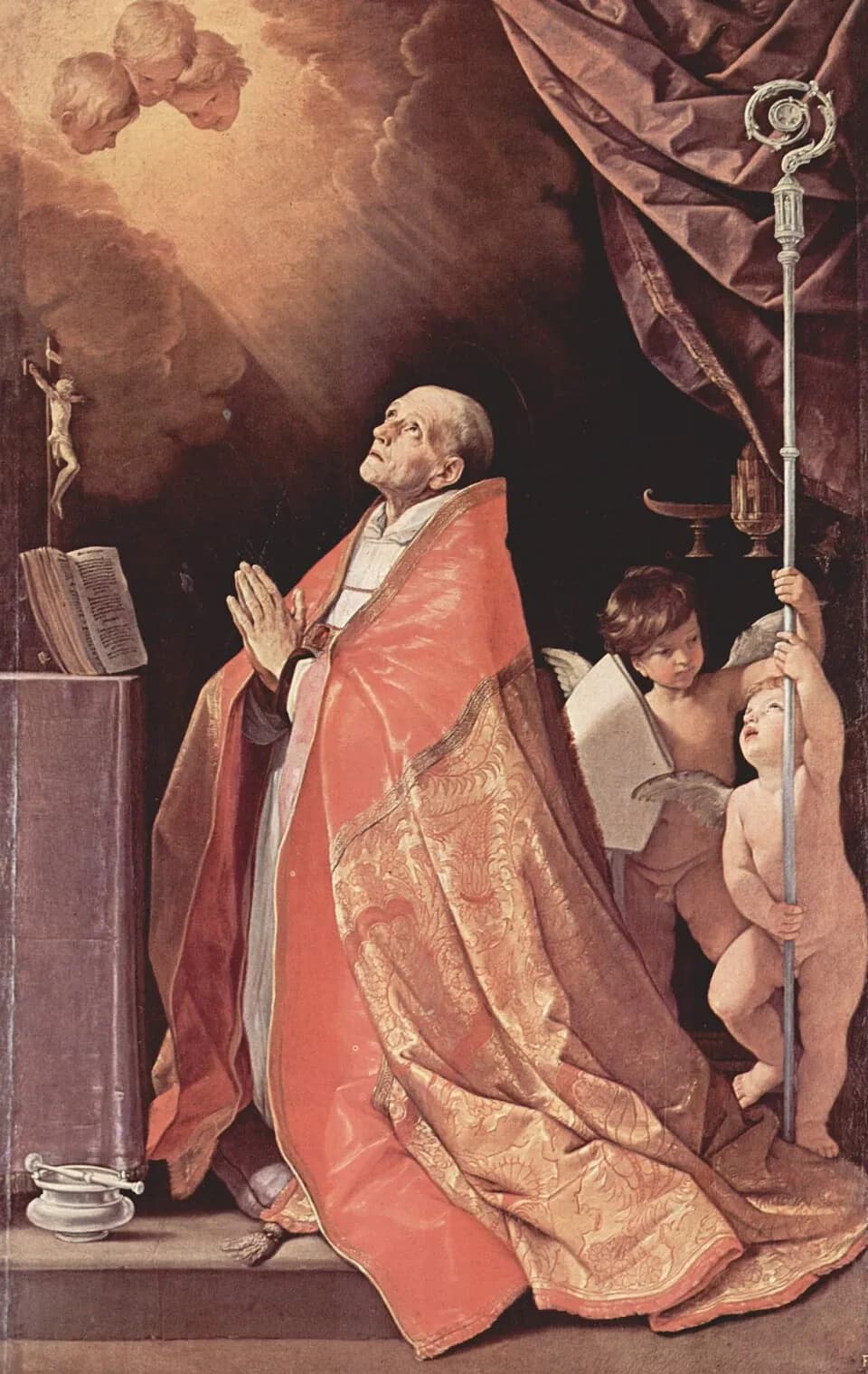 Painting of an elderly bald bishop in a rose and gold cope kneeling with joined hands before a crucifix and an open book, looking up at cherubs in a cloud, while two small angels behind him hold his crozier and a book