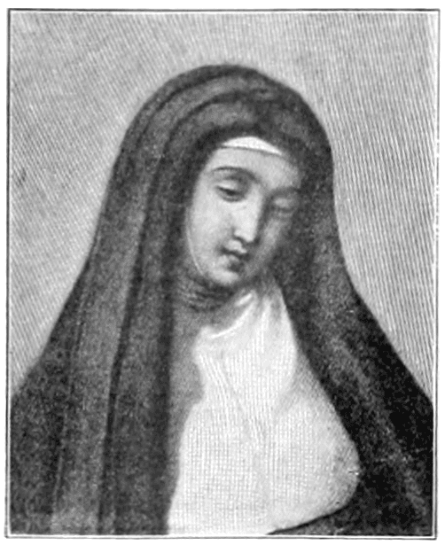 An engraved portrait of Angela Merici in a veil and plain mantle, printed in the Catholic Encyclopedia in 1913