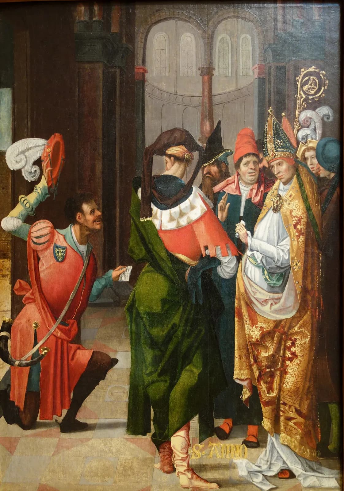 Early sixteenth-century panel painting of an elderly archbishop in a jeweled green and gold miter and a gold brocade cope standing among richly dressed courtiers in a church, while a kneeling man in red raises his feathered hat and offers him a letter; the words S. Anno are lettered in gold on the floor