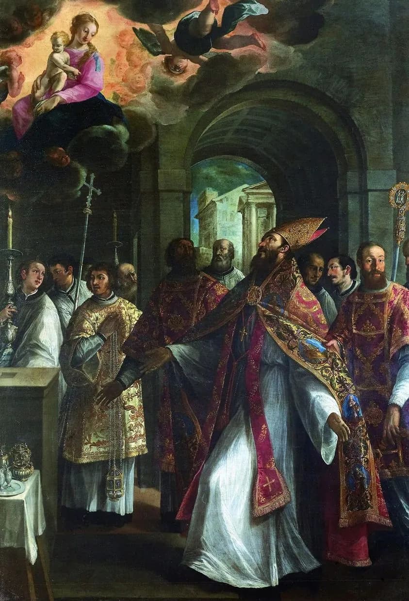 Pintura barroca de un obispo con barba, mitra dorada y capa pluvial carmesí y oro ricamente bordada, que avanza entre clérigos revestidos, uno de ellos con un incensario, bajo un arco de piedra, mientras la Virgen María con el Niño aparece entre las nubes