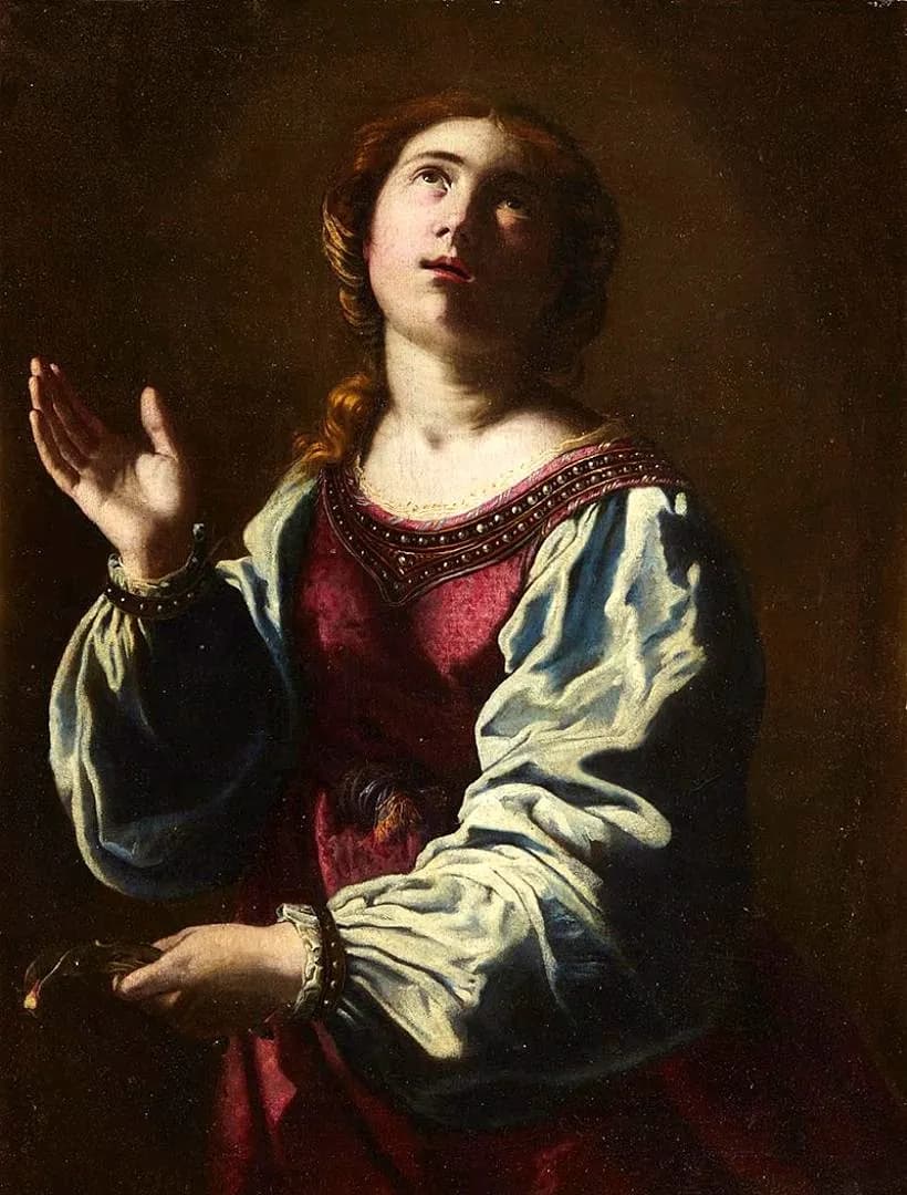 Pintura de Santa Apolonia con un vestido carmesí de mangas blancas, mirando hacia arriba con una mano alzada y, en la otra, un diente sujeto con unas tenazas doradas