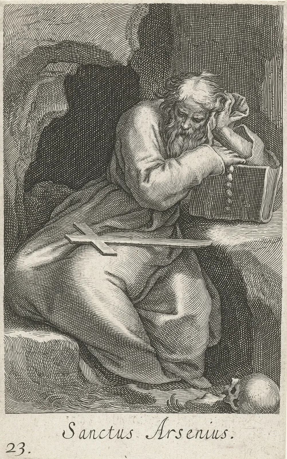 Engraving of an old hermit with long white hair and a full beard, sitting in a rocky cave with his head resting on one hand, a string of beads and a closed book under his arm, a wooden cross across his lap and a skull at his feet, captioned Sanctus Arsenius