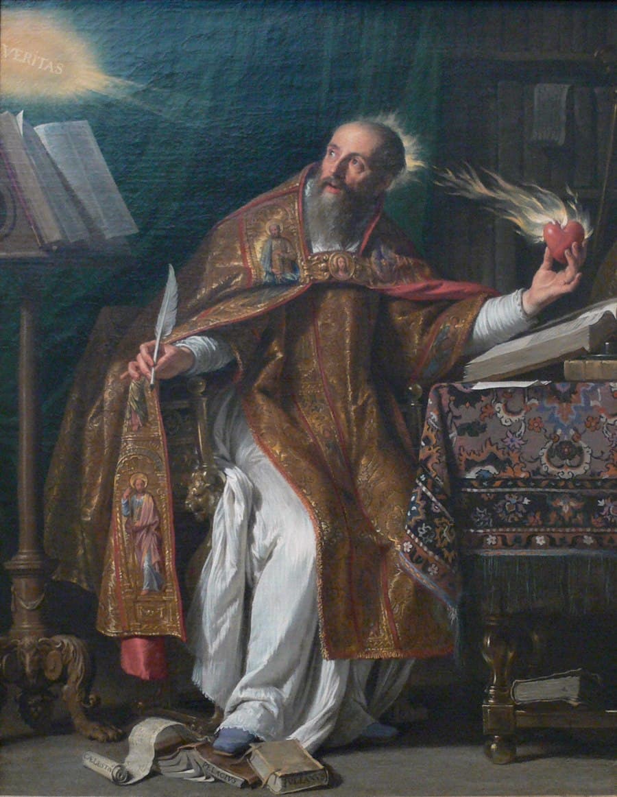 Saint Augustine of Hippo writing, with a flaming heart, painted by Philippe de Champaigne