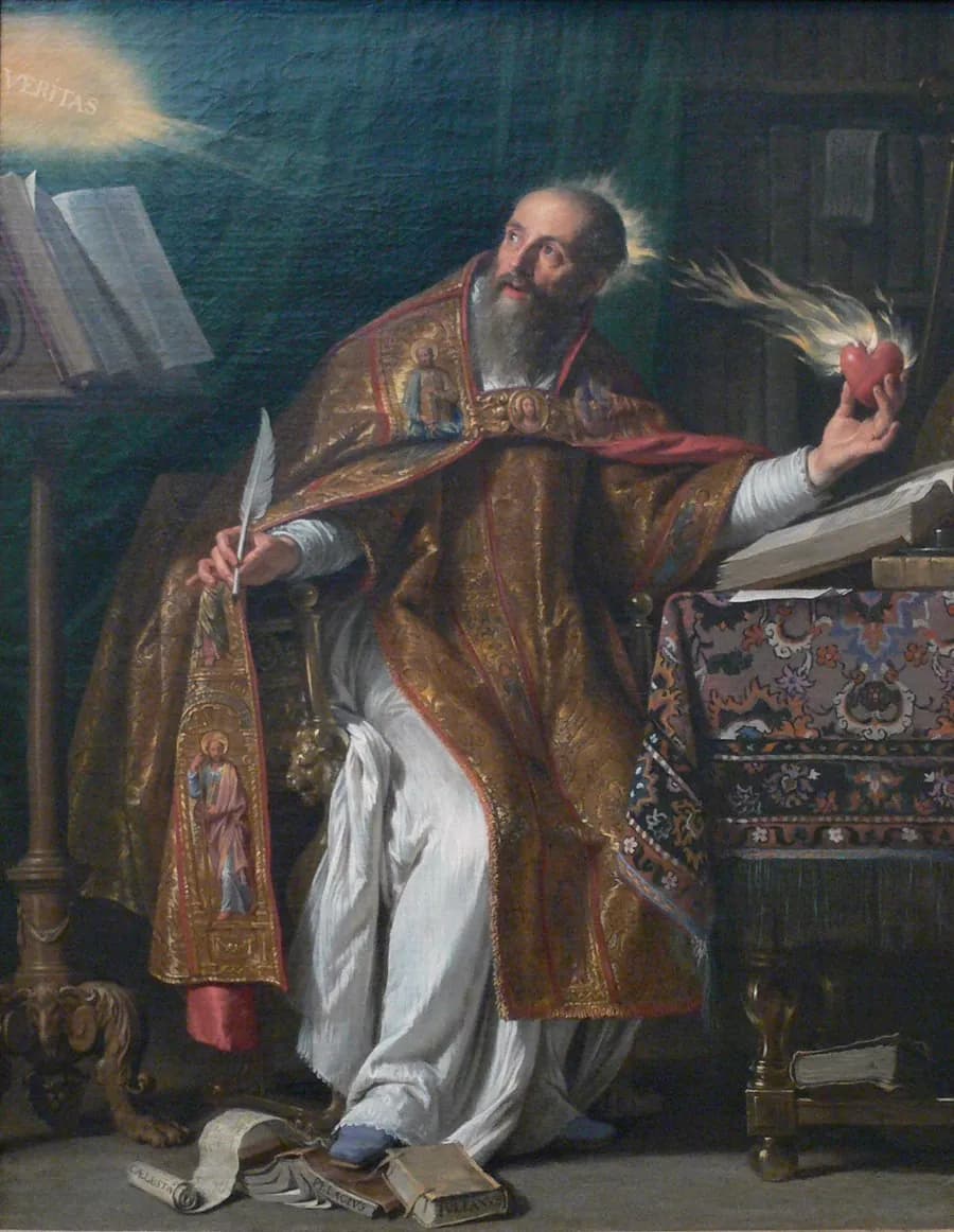 San Agustín de Hipona escribiendo, con un corazón en llamas, pintado por Philippe de Champaigne