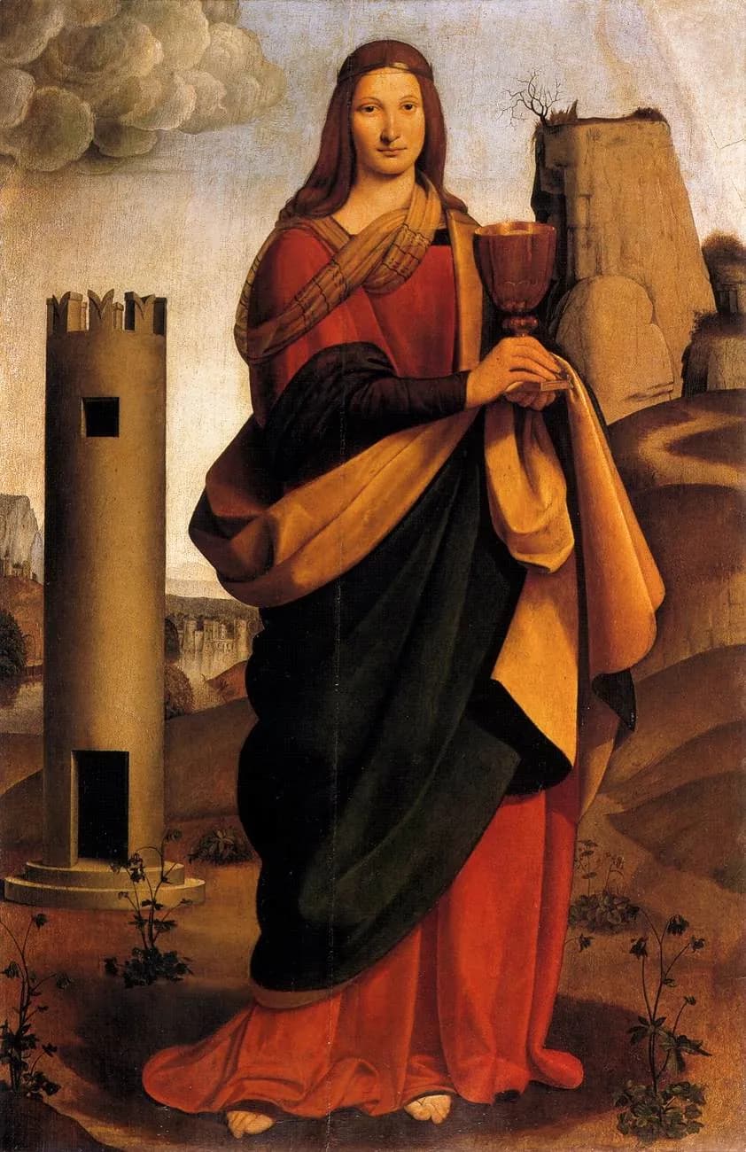 A young woman with long auburn hair, in a red gown and a dark green and gold mantle, holds a golden chalice and stands in a hilly landscape beside a round stone tower with a small window