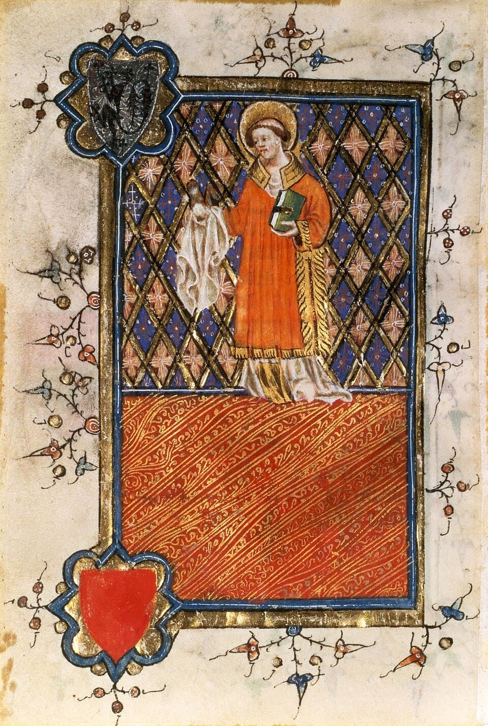 An illuminated manuscript page showing Saint Barnabas haloed in an orange robe, holding a green book against a diapered blue and gold ground within a decorated border