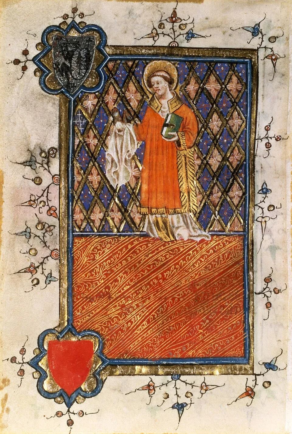Una página de manuscrito iluminado que muestra a San Bernabé con nimbo y túnica naranja, sosteniendo un libro verde sobre un fondo azul y dorado de rombos, dentro de una orla decorada