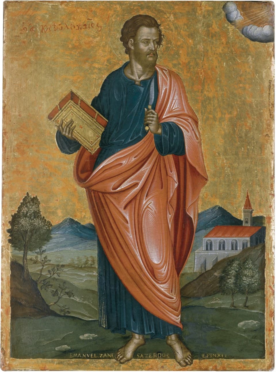 An icon of Saint Bartholomew standing in a blue tunic and orange cloak, holding a jeweled gospel book and the knife of his martyrdom, with his name inscribed in Greek