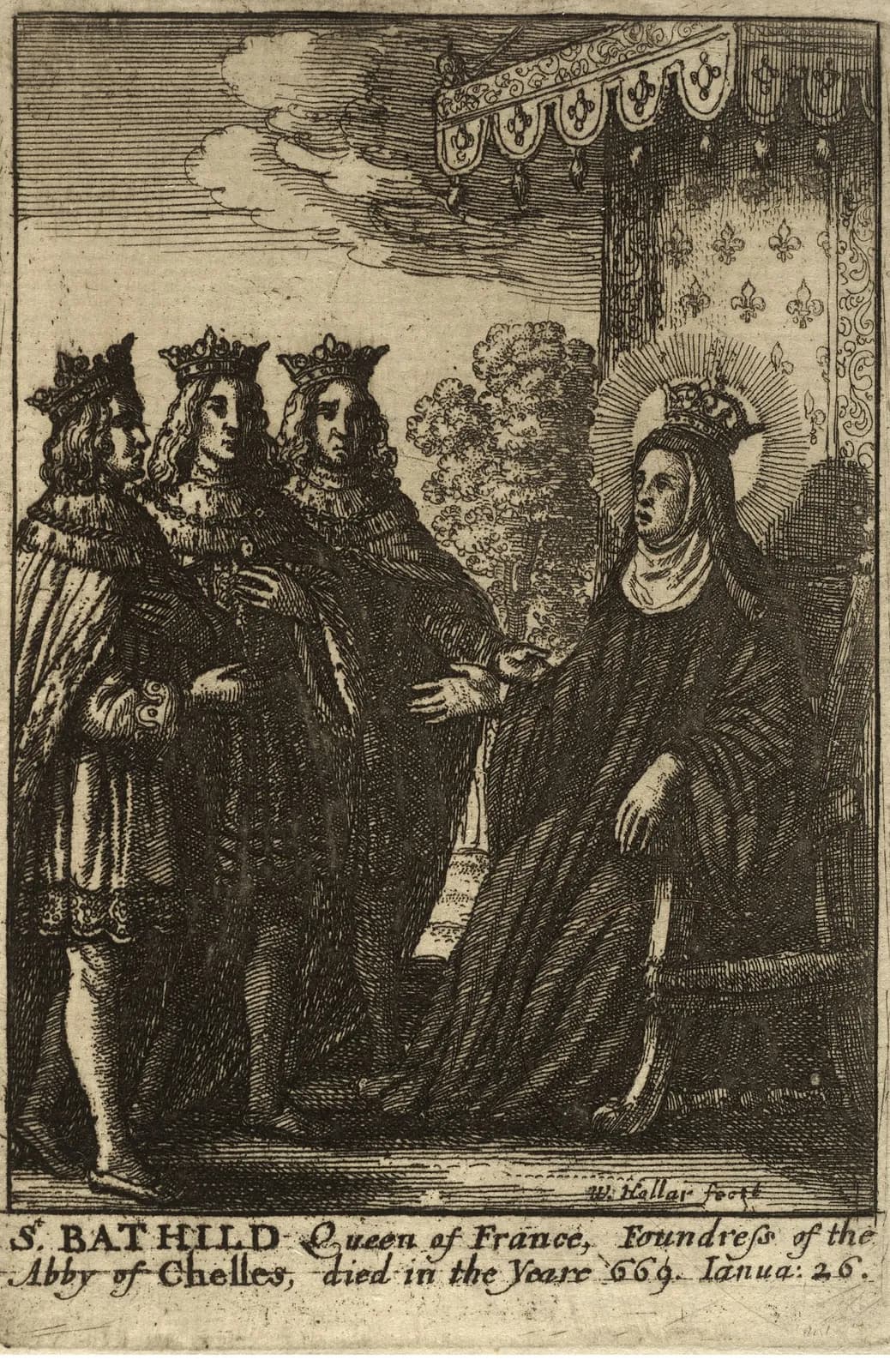 Seventeenth-century etching of a haloed queen in a nun's veil and crown, seated on a throne under a canopy patterned with fleurs-de-lis, holding out her hand to three crowned young men in ermine-trimmed robes, with an inscription below naming St. Bathild, Queen of France, foundress of the Abbey of Chelles