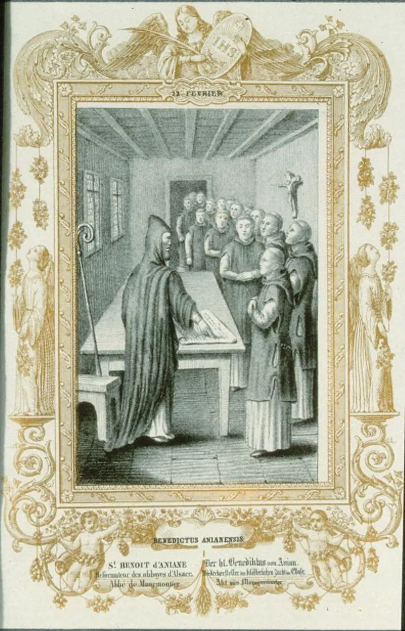 Nineteenth-century holy card with an ornate gold border of angels and scrollwork around a gray lithograph of a hooded abbot in a dark cowl resting his hand on an open book on a table, a crozier beside him, as a crowd of tonsured monks looks on