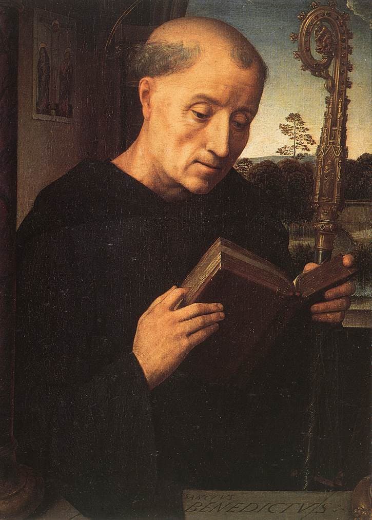 Saint Benedict of Nursia in his habit, painted by Hans Memling in 1487