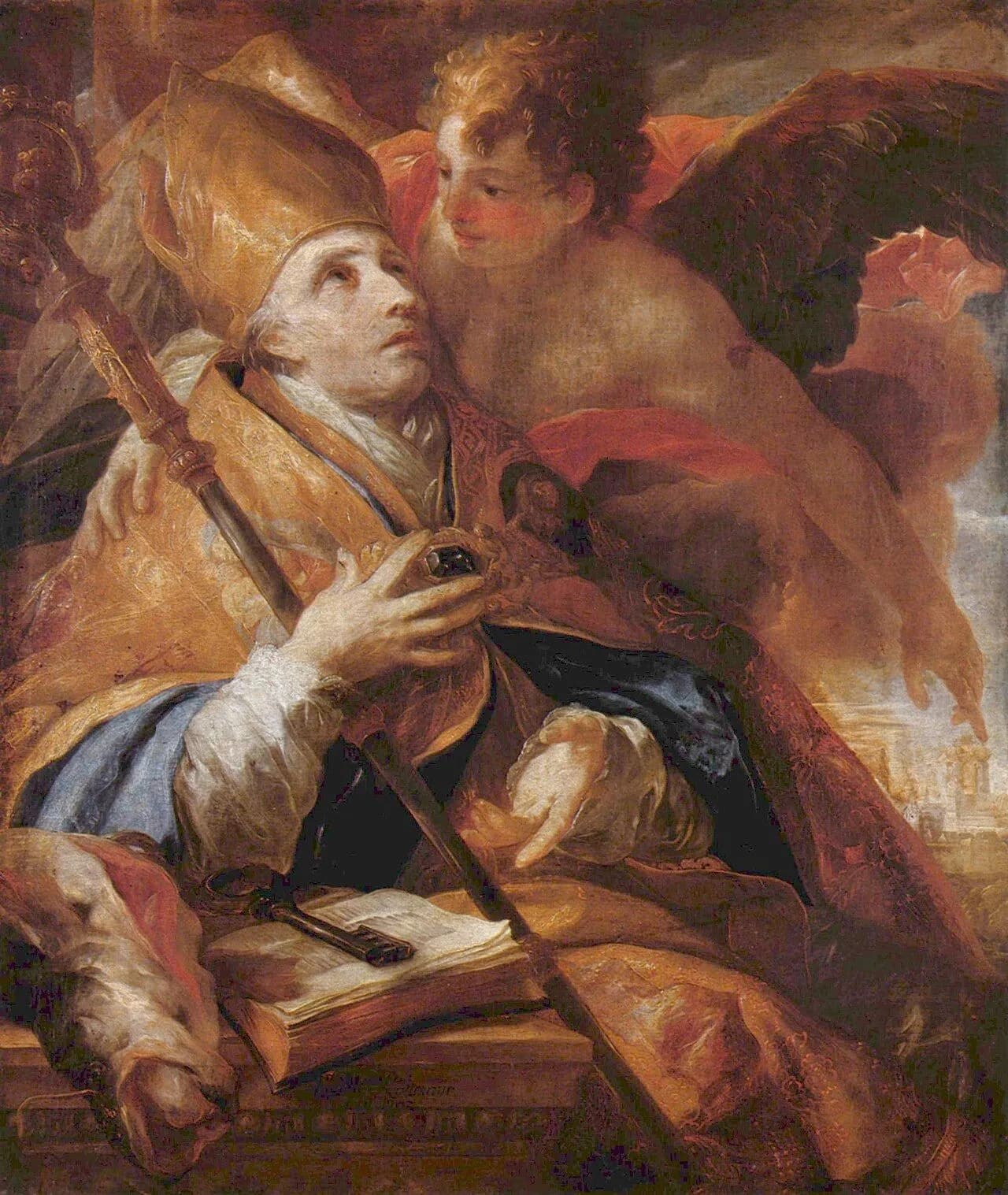 Baroque oil painting of an elderly bishop in a gold miter and cope gazing upward at a winged angel who embraces him, his hand on his breast, with a crozier across his body and a large key lying on an open book before him